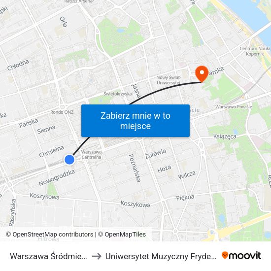 Warszawa Śródmieście WKD to Uniwersytet Muzyczny Fryderyka Chopina map