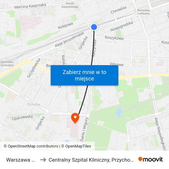 Warszawa Ochota WKD to Centralny Szpital Kliniczny, Przychodnia Specjalistyczna Banacha map