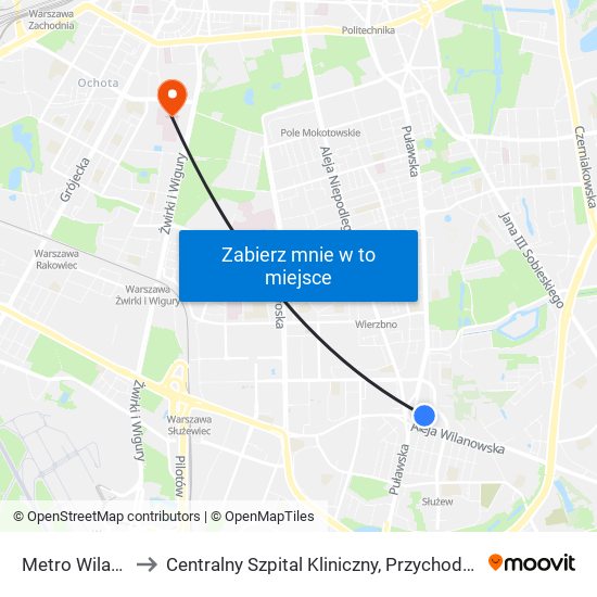 Metro Wilanowska 18 to Centralny Szpital Kliniczny, Przychodnia Specjalistyczna Banacha map