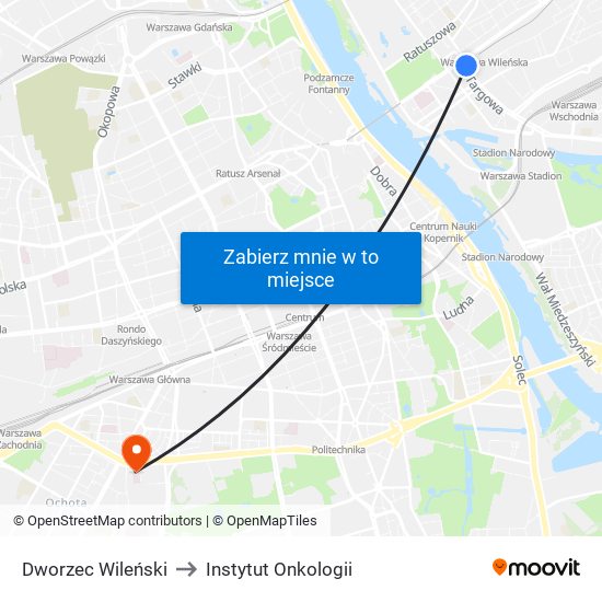 Dworzec Wileński to Instytut Onkologii map