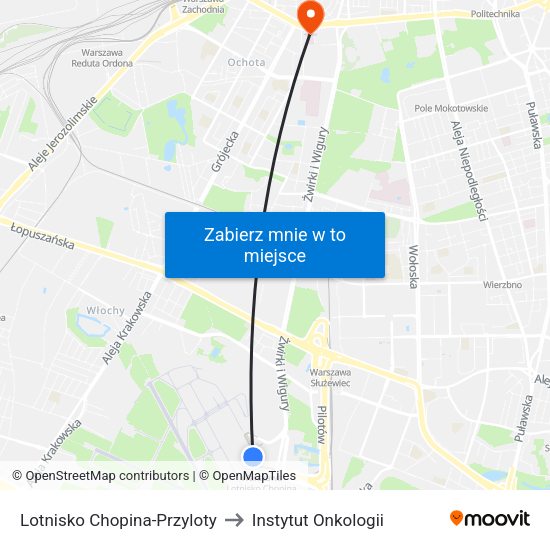 Lotnisko Chopina-Przyloty to Instytut Onkologii map