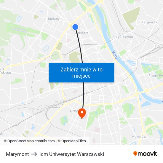 Marymont to Icm Uniwersytet Warszawski map