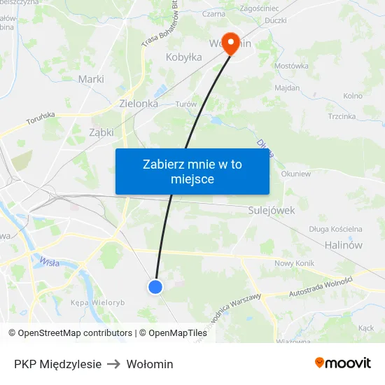PKP Międzylesie to Wołomin map
