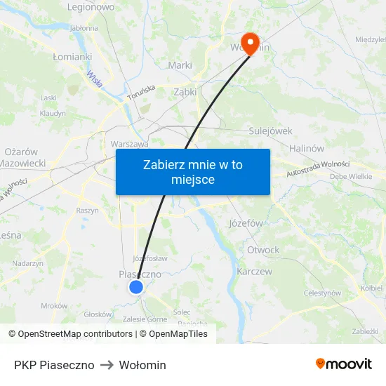 PKP Piaseczno to Wołomin map