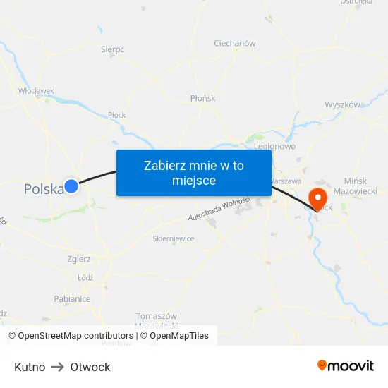Kutno to Otwock map