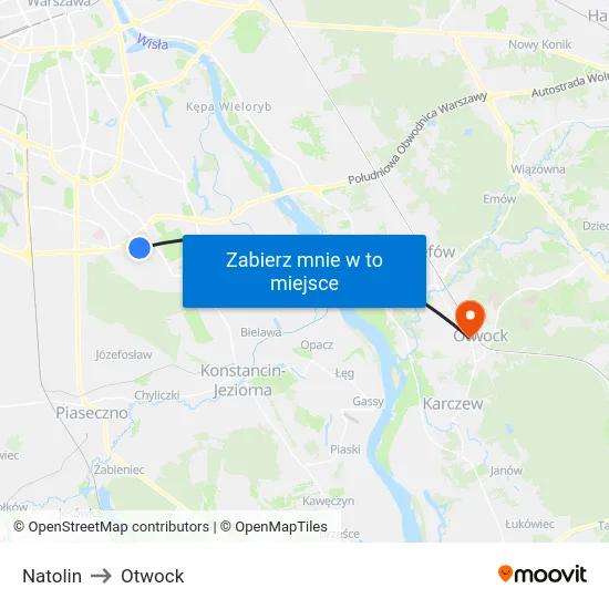 Natolin to Otwock map