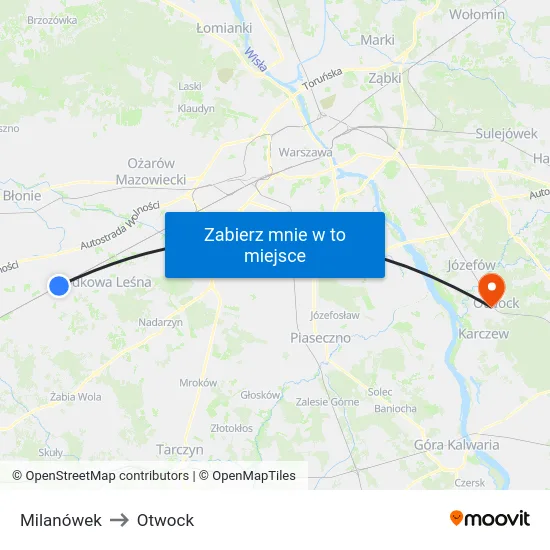 Milanówek to Otwock map