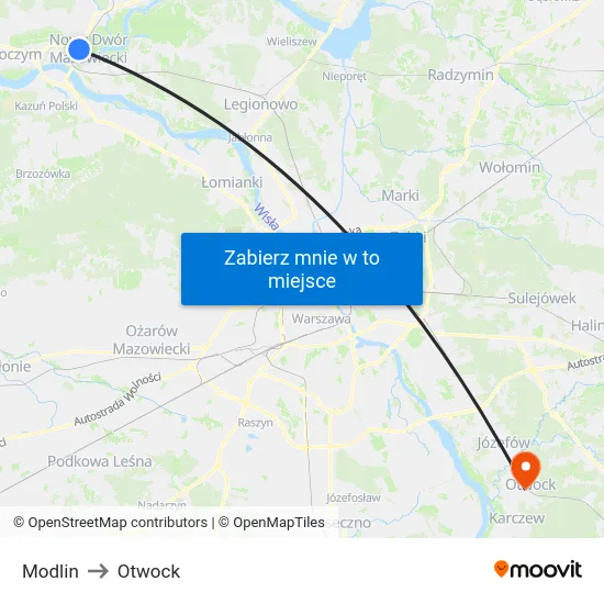 Modlin to Otwock map