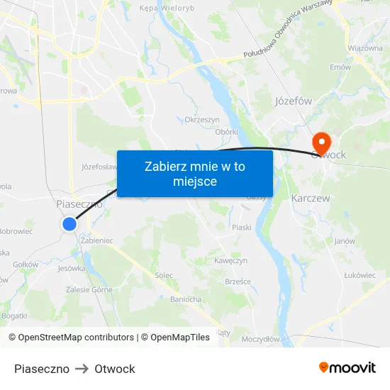 Piaseczno to Otwock map