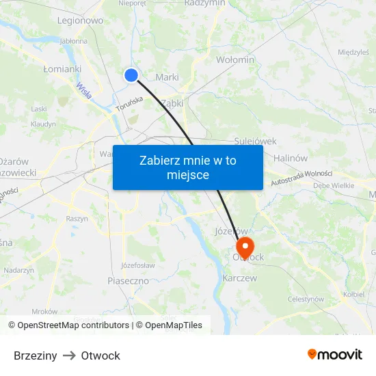 Brzeziny to Otwock map