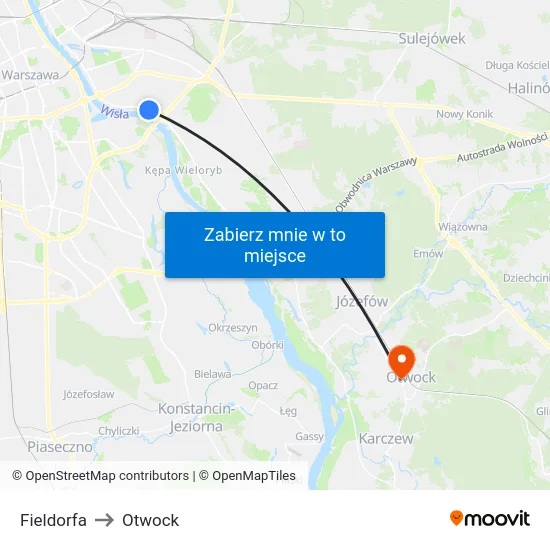 Fieldorfa to Otwock map