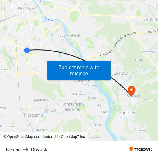 Bełdan to Otwock map