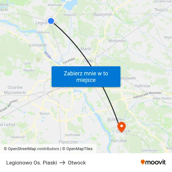 Legionowo Os. Piaski to Otwock map