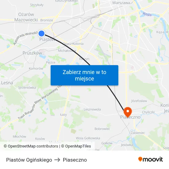 Piastów Ogińskiego to Piaseczno map