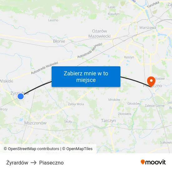 Żyrardów to Piaseczno map