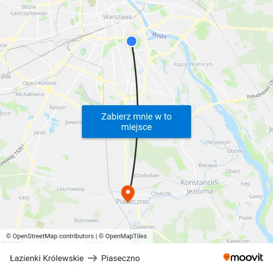 Łazienki Królewskie to Piaseczno map
