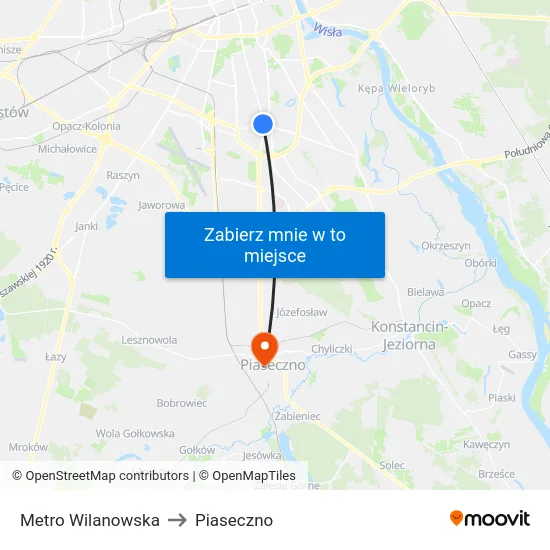 Metro Wilanowska to Piaseczno map