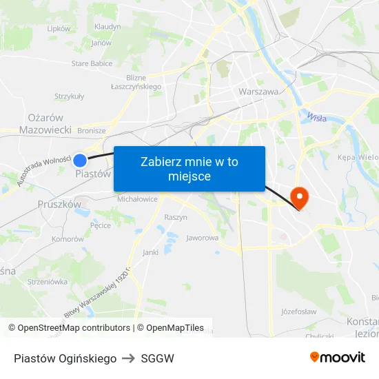 Piastów Ogińskiego to SGGW map