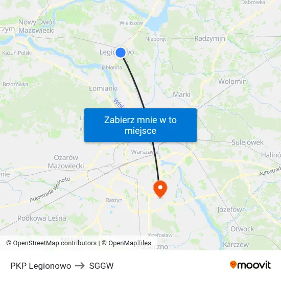 PKP Legionowo to SGGW map