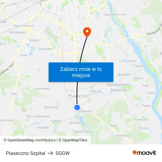Piaseczno Szpital to SGGW map