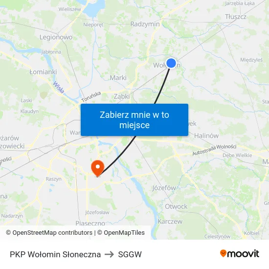 PKP Wołomin Słoneczna to SGGW map