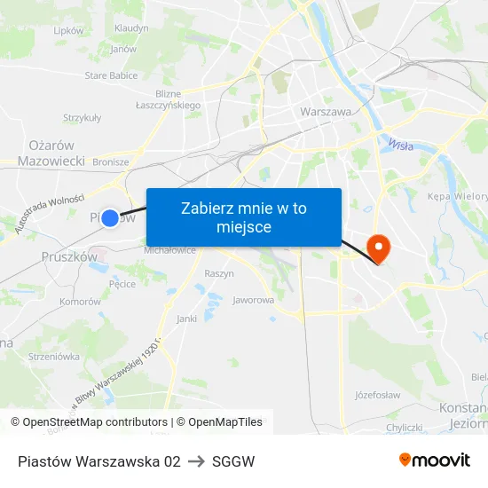 Piastów Warszawska 02 to SGGW map