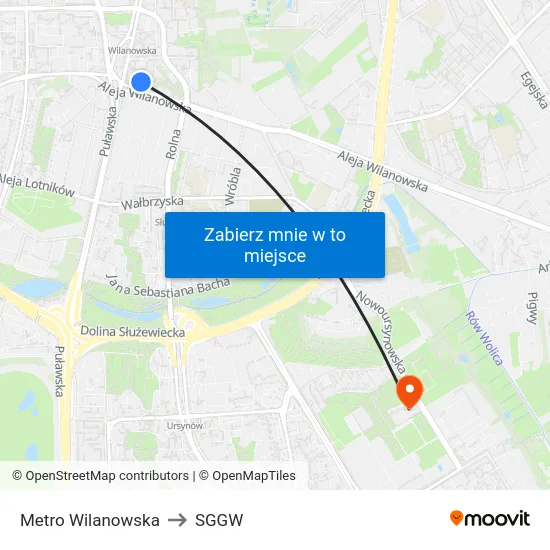 Metro Wilanowska to SGGW map