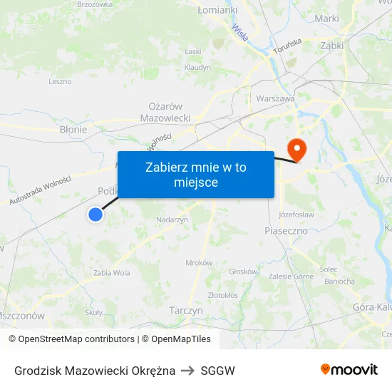 Grodzisk Mazowiecki Okrężna to SGGW map