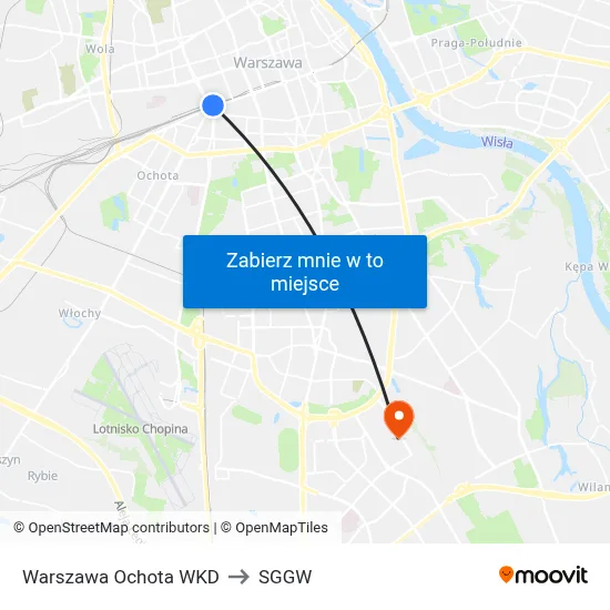 Warszawa Ochota WKD to SGGW map