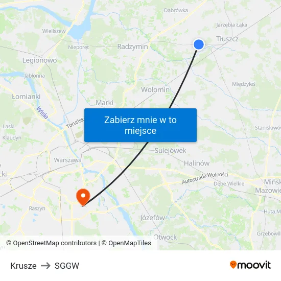Krusze to SGGW map