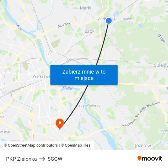 PKP Zielonka to SGGW map