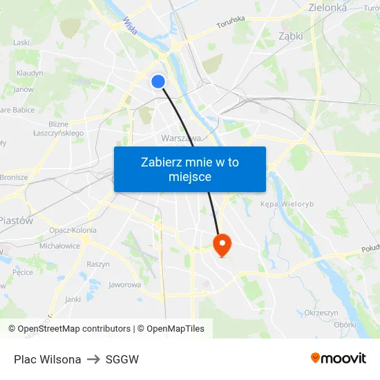 Plac Wilsona to SGGW map