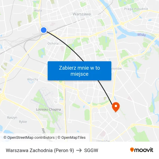Warszawa Zachodnia (Peron 9) to SGGW map