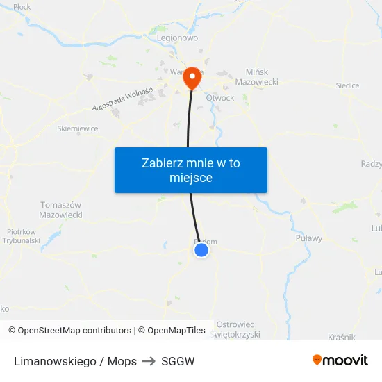 Limanowskiego / Mops to SGGW map