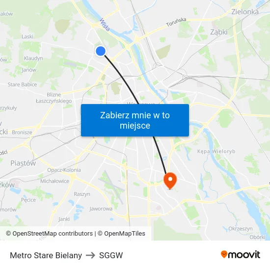 Metro Stare Bielany to SGGW map
