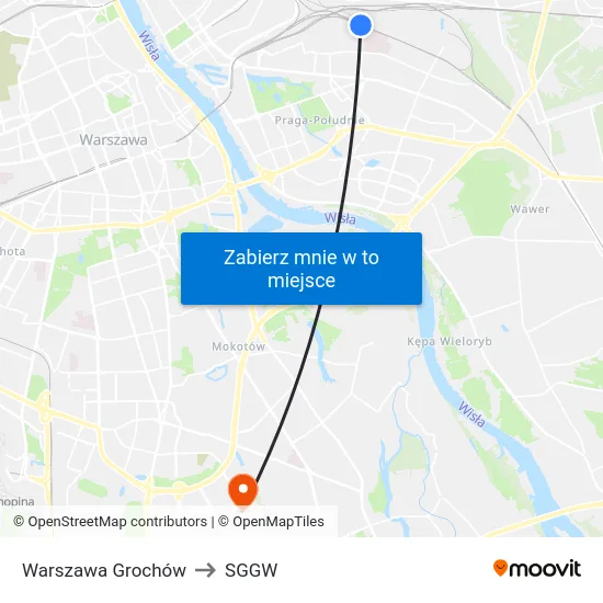 Warszawa Grochów to SGGW map