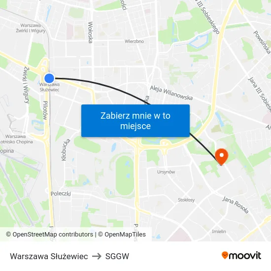 Warszawa Służewiec to SGGW map