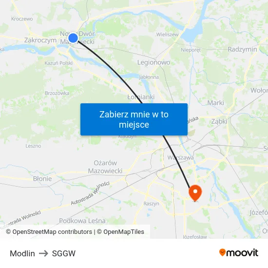 Modlin to SGGW map