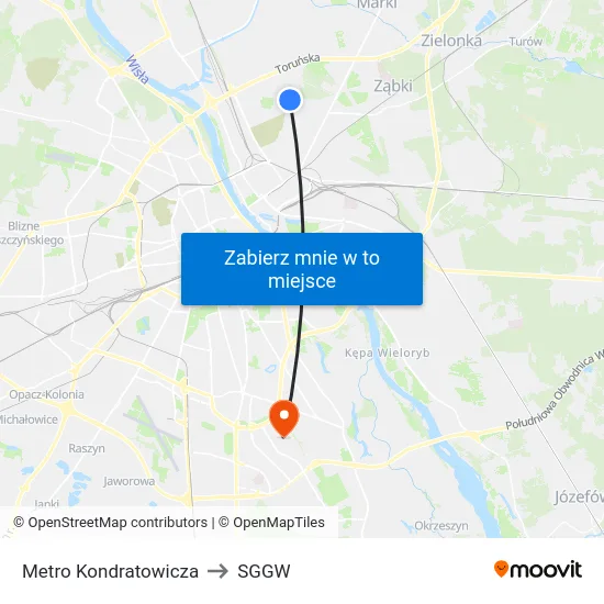Metro Kondratowicza to SGGW map