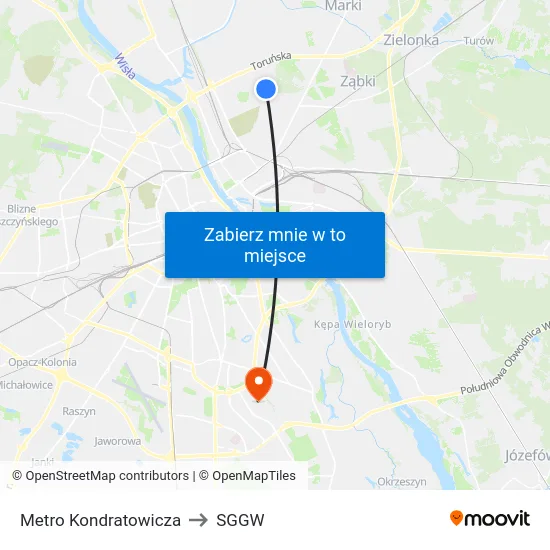 Metro Kondratowicza to SGGW map