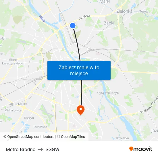 Metro Bródno to SGGW map