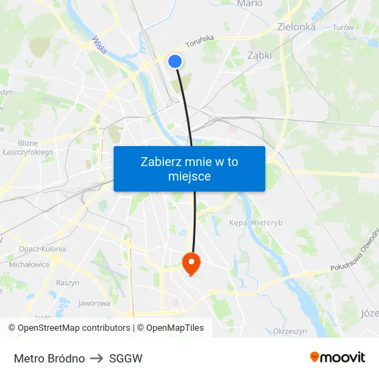Metro Bródno to SGGW map