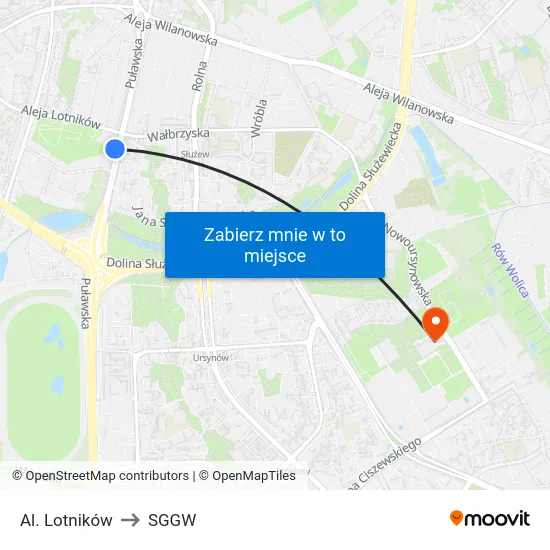 Al. Lotników to SGGW map