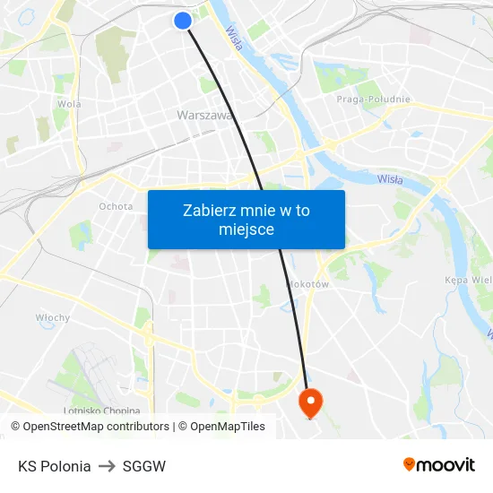 KS Polonia to SGGW map