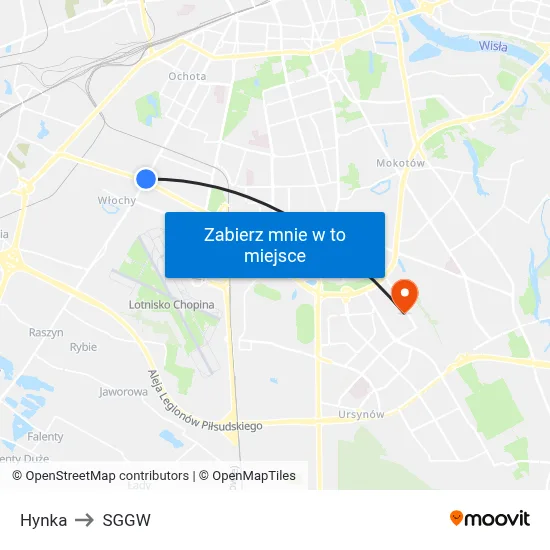 Hynka to SGGW map