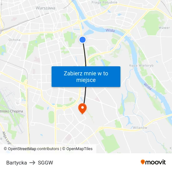 Bartycka to SGGW map