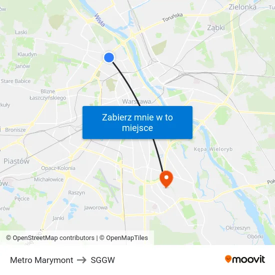 Metro Marymont to SGGW map