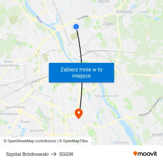 Szpital Bródnowski to SGGW map