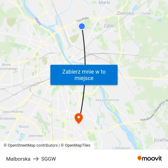 Malborska to SGGW map