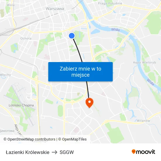 Łazienki Królewskie to SGGW map